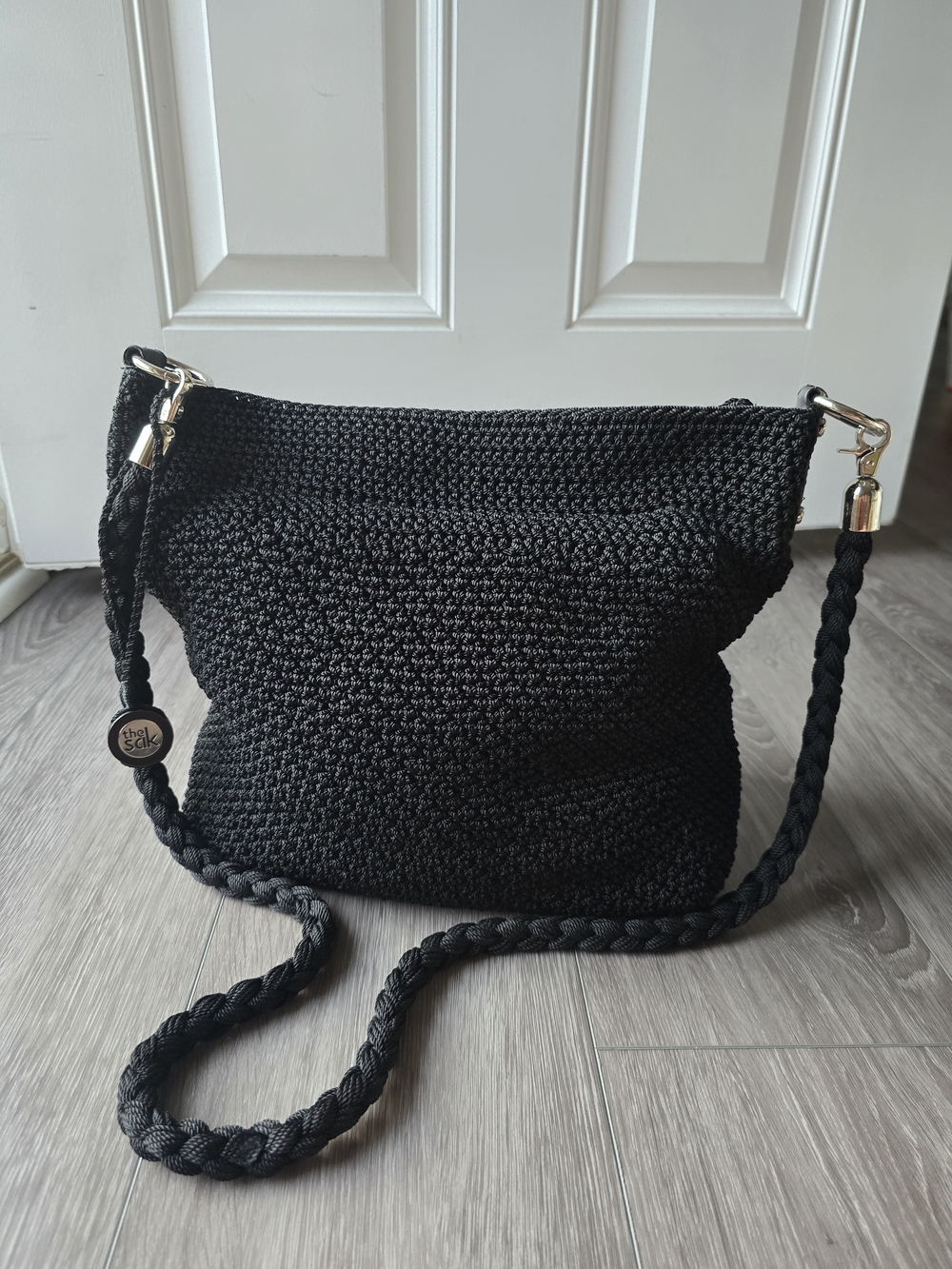The Sak Black Crochet Crossbody Shoulder Bag Braided Rope Strap Silver Hardware